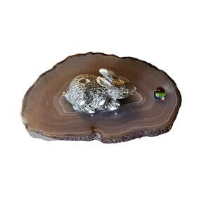 Vintage Pewter Bunny on Agate Slice Crystal with Rainbow Orb